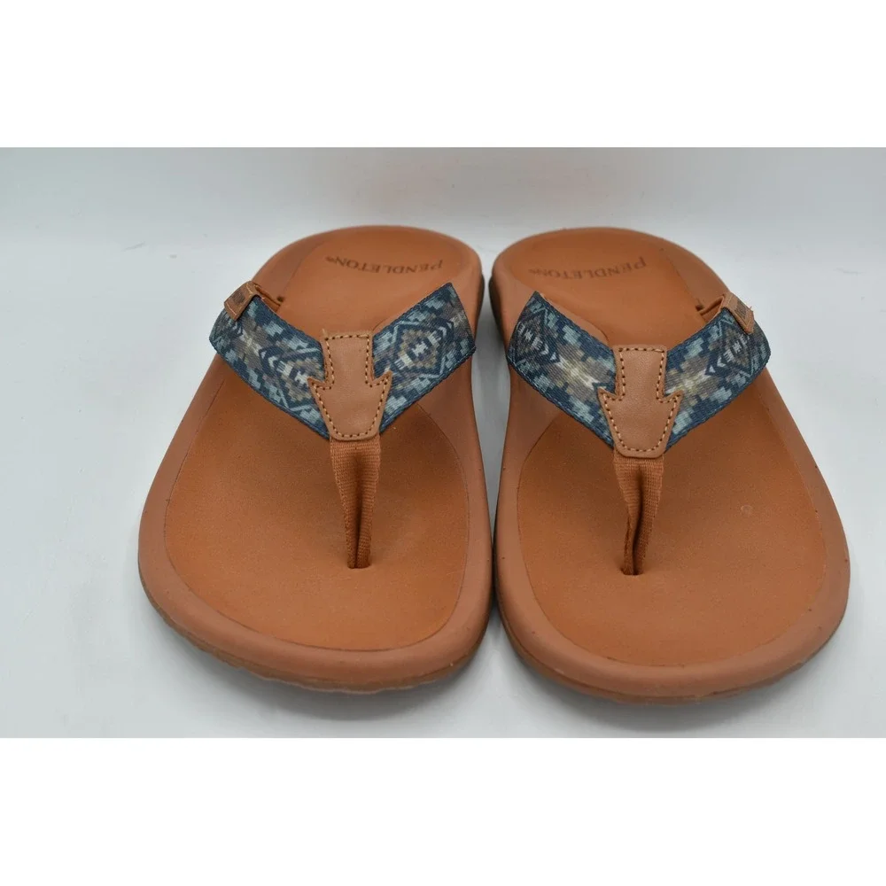 Pendleton Mens Size 9 Brown Blue Geometric Southwestern Flip Flop Sandals Shoes